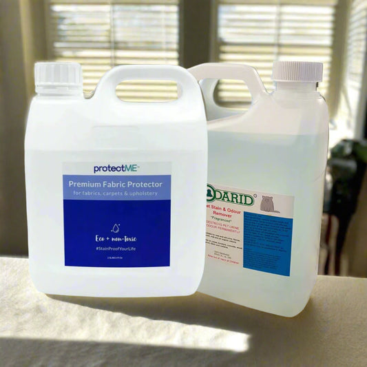 Two large bottles of Odarid and protectME products on a white bench