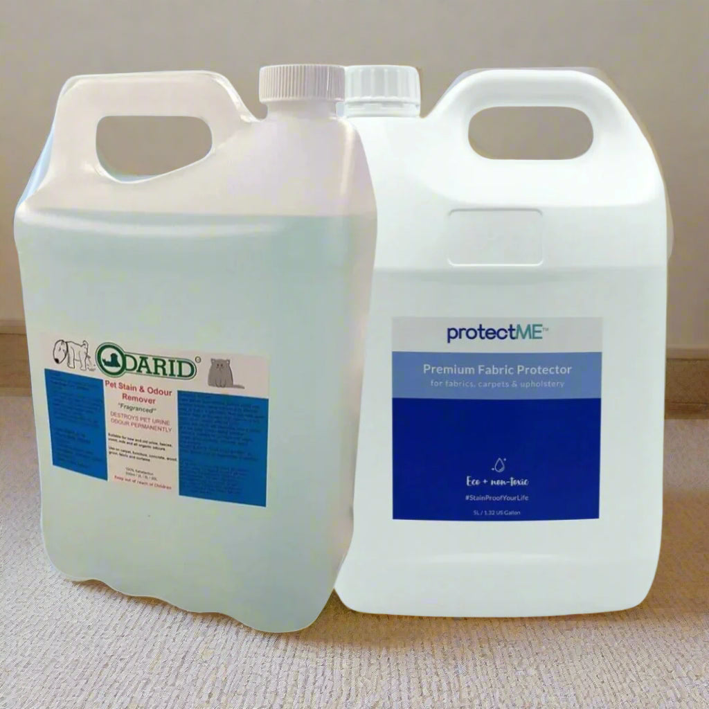 Two 5 Litre containers Odarid and protectME sitting on carpet