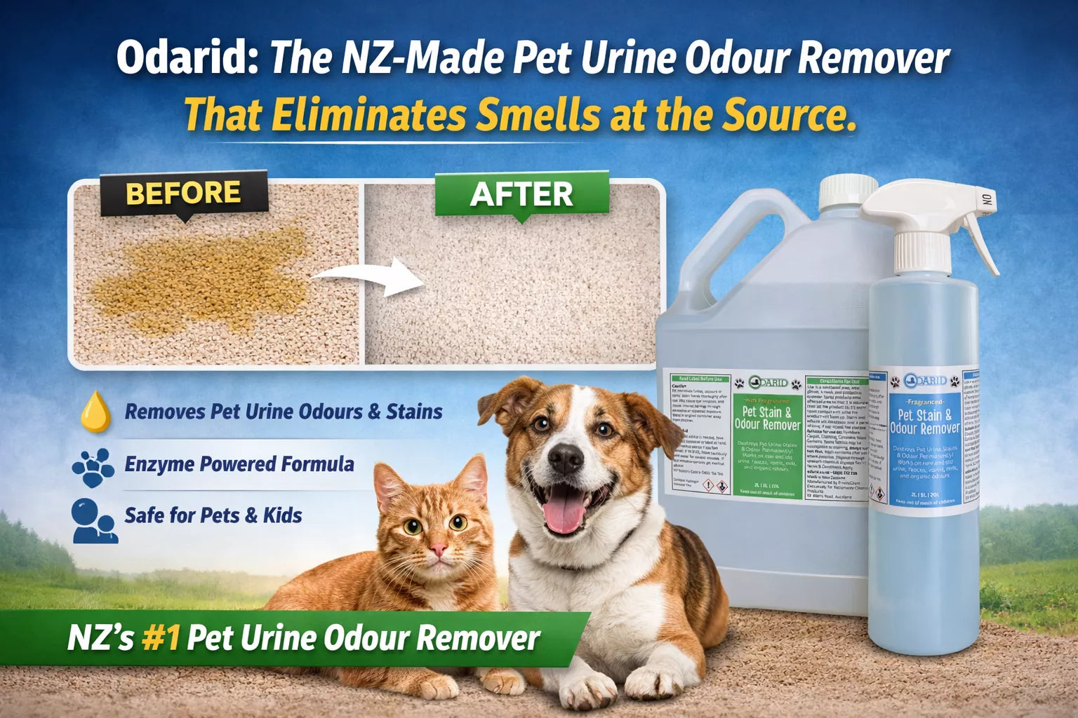Odarid pet urine odor remover with a dog and cat on a grassy background