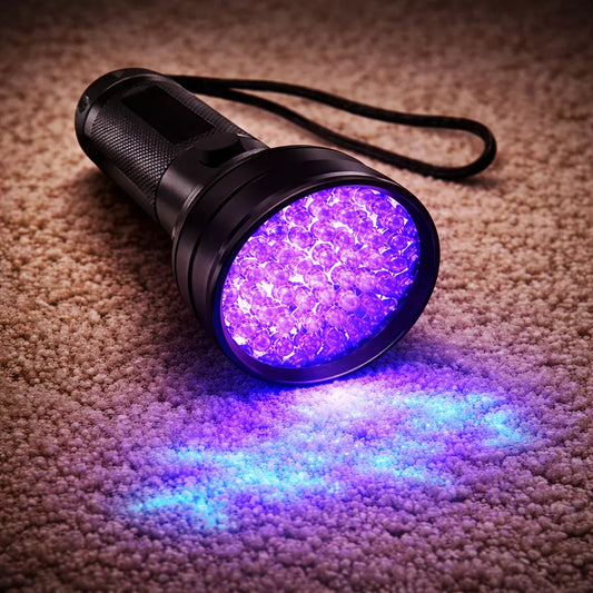 Black UV flashlight emitting purple light on a carpeted floor