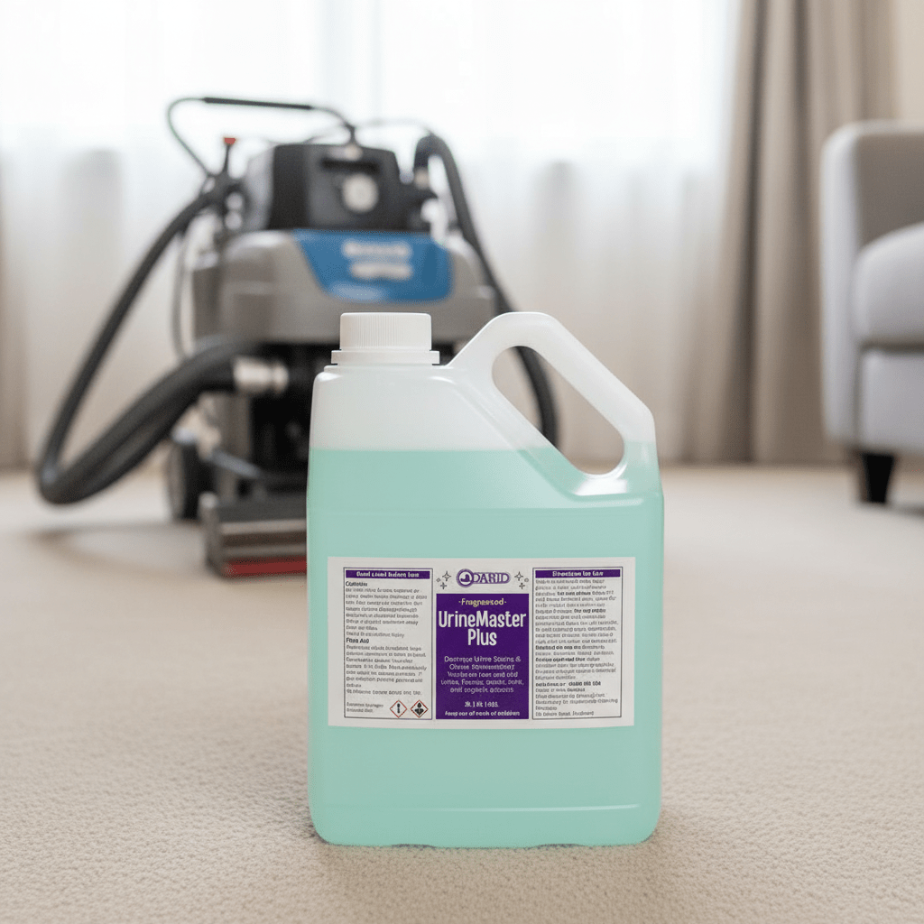 UrineMaster Plus 5L fragranced urine odour and stain remover bottle on carpet beside a professional carpet cleaning extraction machine